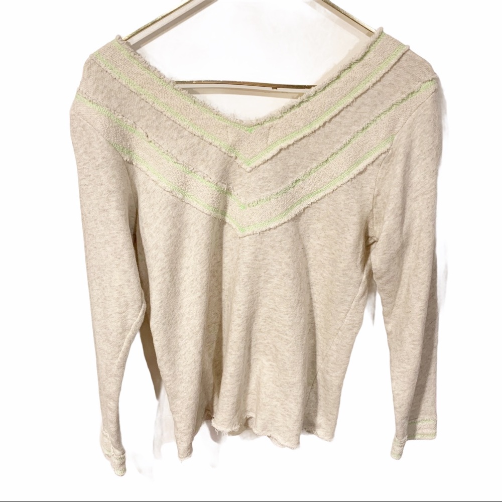 Anthropologie Pepin Cream Neon Trimmed V Neck Long Sleeve Sweatshirt Medium